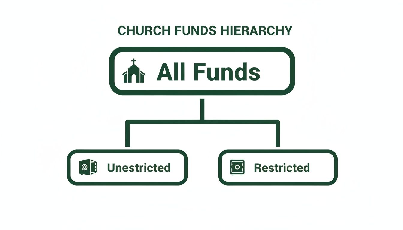 A hierarchical chart illustrating church funds divided into all funds, unrestricted, and restricted categories.