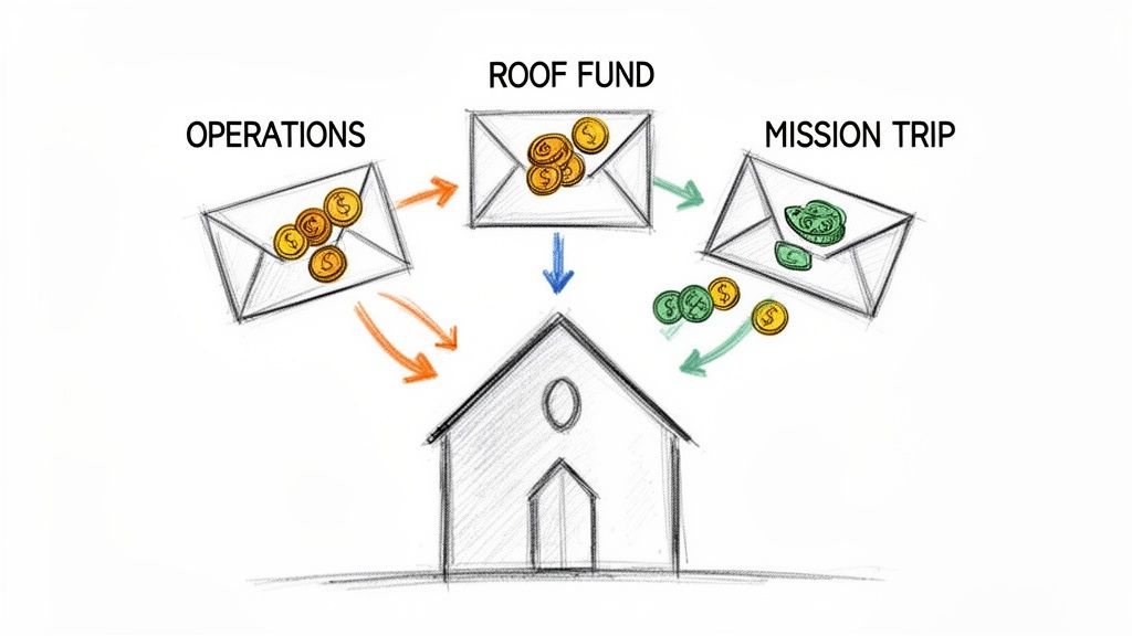 A sketch of envelopes representing church funds (Operations, Roof Fund, Mission Trip) directing money to a building.