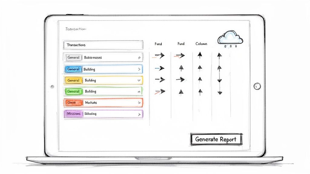 Hand-drawn tablet sketch displaying an accounting interface with transaction lists, fund columns, and a 'Generate Report' button.