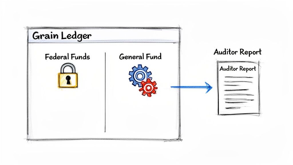 A diagram showing a Grain Ledger with Federal Funds (locked) and General Fund (gears) leading to an Auditor Report.