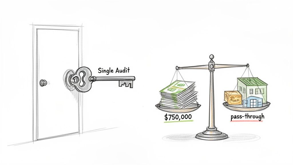 A key labeled 'Single Audit' next to a door, balancing $750,000 cash with 'pass-through' assets on a scale.