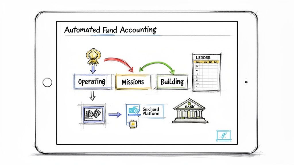 A tablet displays a diagram illustrating automated fund accounting with operating, missions, and building funds.