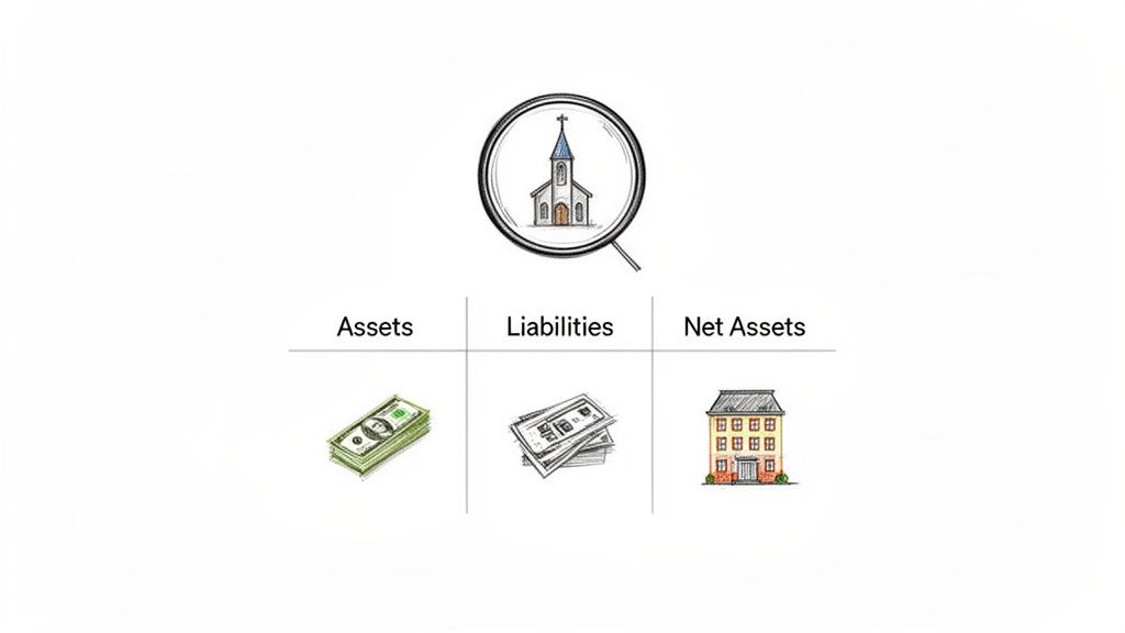 An illustration of a church's financial position, showing assets, liabilities, and net assets with money and a building.