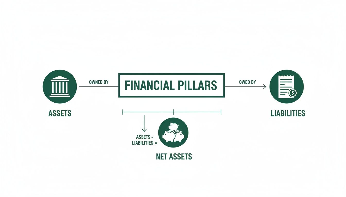 Diagram illustrating financial pillars, showing assets owned, liabilities owed, and net assets calculation.
