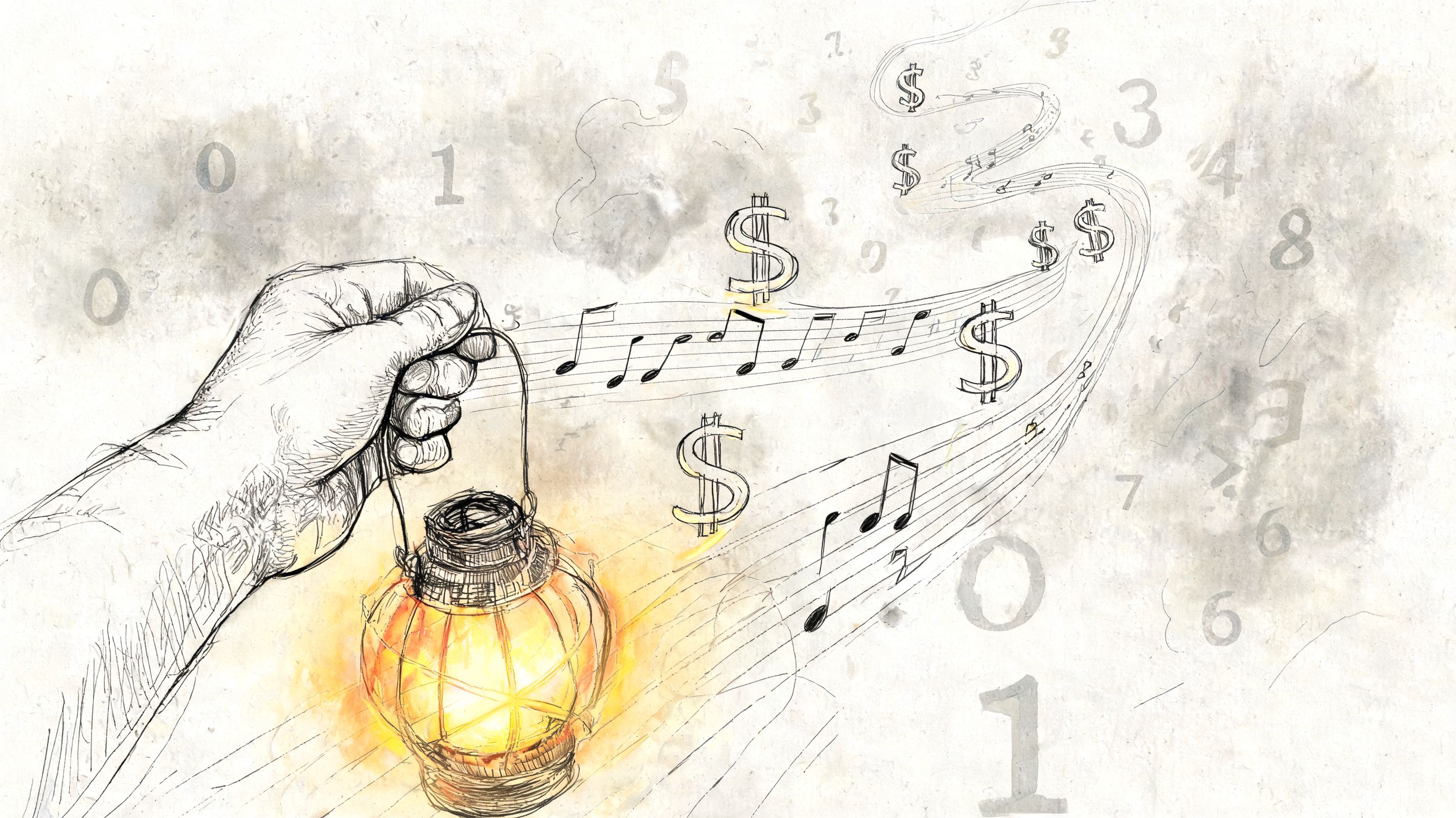A hand holds a glowing lantern while musical notes and dollar signs float into the air.
