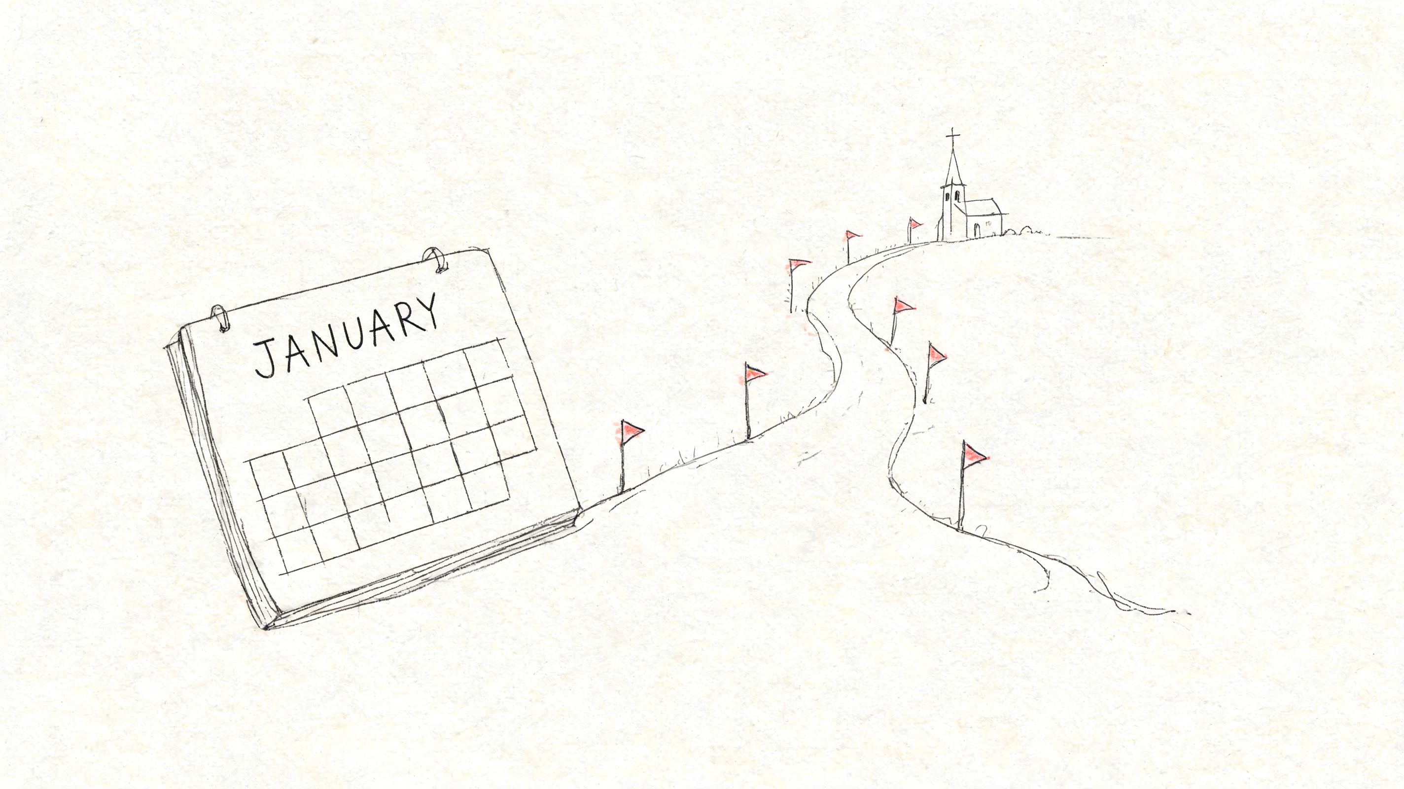 A pencil sketch of a calendar page for January beside a path leading to a church.